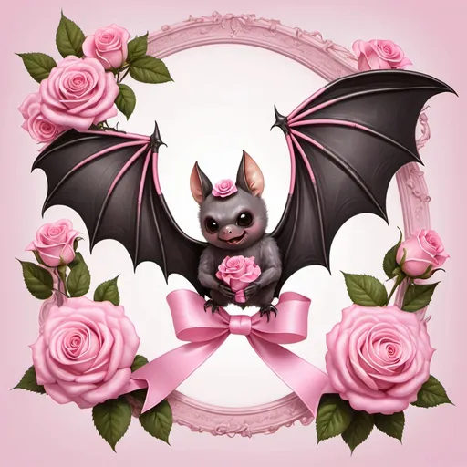 Prompt: bat with light pink ribbons and pink roses