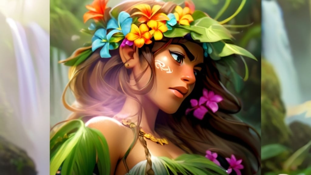 Prompt: Close-up, 3/4 view of Hawaiian Island girl sorceress, lei, flower crown, thick brown hair, big eyes, magical pose, whirlwind of flowers, jungle leaves, dramatic lighting, waterfall background, mist, golden light, high quality, detailed, fantasy, mystical, dramatic lighting, lush green tones, enchanting