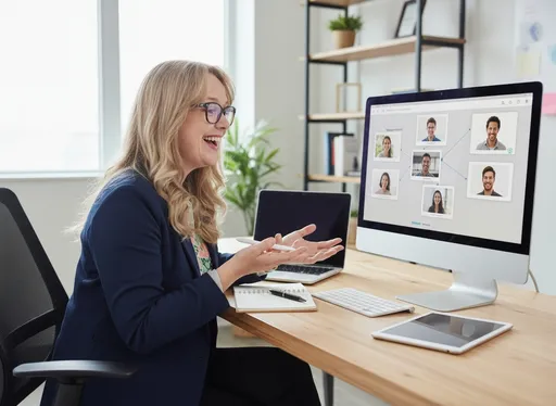 Prompt: using the image attached feature this person as an entrepreneur sitting at a desk happy onboaring more new clients
