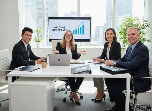 Prompt: using the image attached feature this person as an entrepreneur sitting at a desk happy onboaring more new clients
