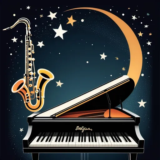 Prompt: Create an image with a 1950's jazz theme.  Do not include any text. The design should feature a starry background, glowing musical notes, and a sleek, modern aesthetic.  Do not include text.  Leave the space blank for text to be added later."