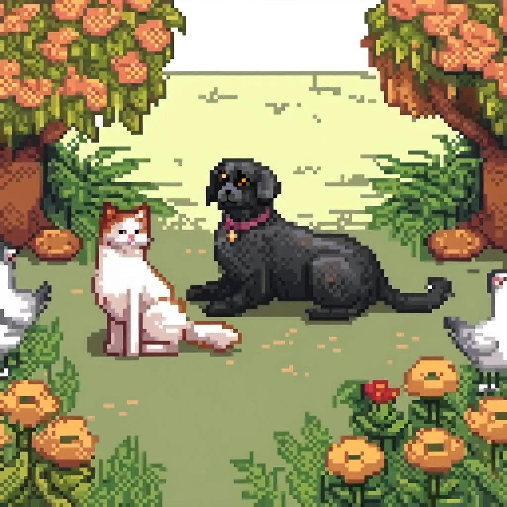 Prompt: A calico cat and a black lab in and white silky chicken