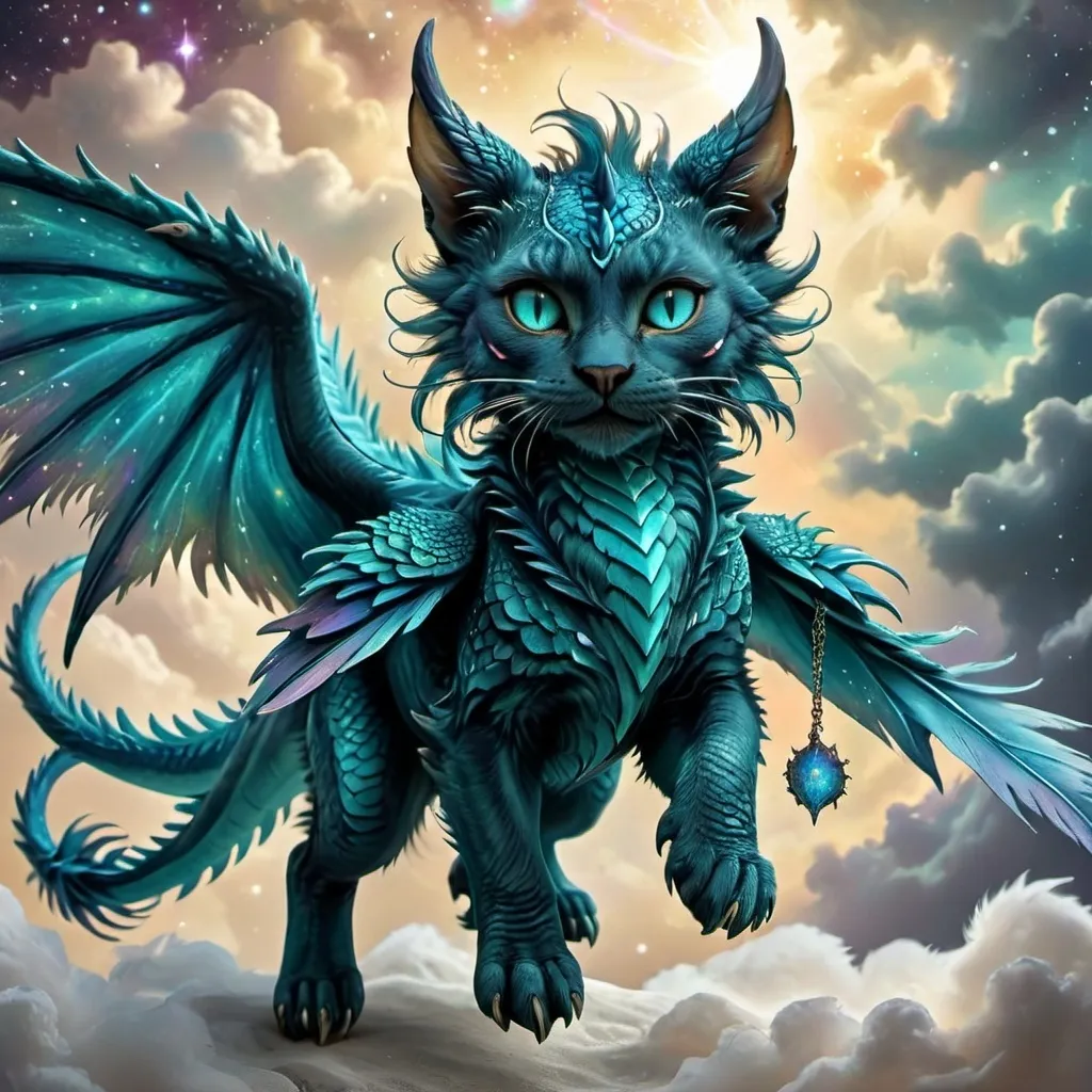 Prompt: A mythical teal cat with blue wings, dragon wings