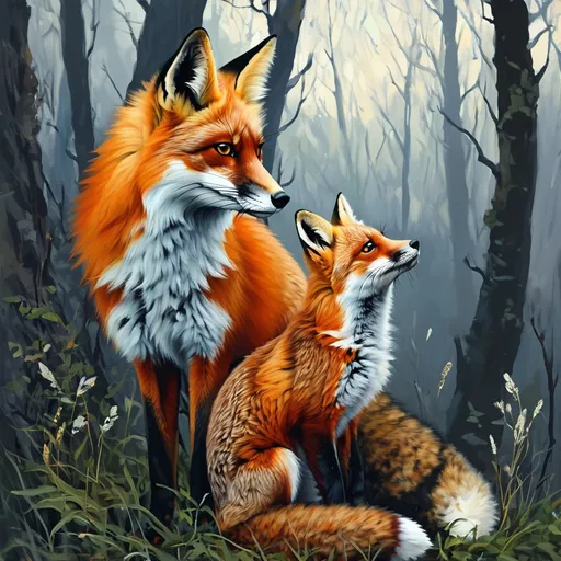 Prompt: A red fox and a silver fox in the forest