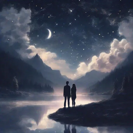Prompt: 1. **Background**: The starry sky at night, the moonlight shines on the clouds and the ground, creating a dreamy atmosphere. There are mountains or forests in the distance, adding depth and mystery to the background.

2. **Two Souls**: They are young couple. Man and woman. Two figures float under the starry sky. The image is blurry but they can be felt staring at each other. They are surrounded by shimmer and stardust, symbolizing their past connections and everlasting emotions.

3. **Clock and hourglass**: In the lower left corner of the picture, there is an ancient clock, with the hands staying at 12 o'clock at midnight, symbolizing the cycle of time. In the lower right corner of the picture, there is an hourglass with fine sand flowing slowly, symbolizing the passage of time.

4. **Dream Elements**: Some blurry clouds and hazy scenes are intertwined to form a dream-like visual effect. These elements should blend faintly into the background and not steal the focus from the characters.

5. **Light and shadow effects**: The moonlight should softly illuminate the entire scene, highlighting the outlines of characters and main elements. Starlight can twinkle slightly, enhancing the romantic and mysterious atmosphere of the entire scene.