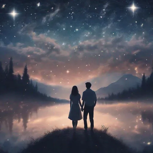 Prompt: 1. **Background**: The starry sky at night, the moonlight shines on the clouds and the ground, creating a dreamy atmosphere. There are mountains or forests in the distance, adding depth and mystery to the background.

2. **Two Souls**: They are young couple. Man and woman. Two figures float under the starry sky. The image is blurry but they can be felt staring at each other. They are surrounded by shimmer and stardust, symbolizing their past connections and everlasting emotions.

3. **Clock and hourglass**: In the lower left corner of the picture, there is an ancient clock, with the hands staying at 12 o'clock at midnight, symbolizing the cycle of time. In the lower right corner of the picture, there is an hourglass with fine sand flowing slowly, symbolizing the passage of time.

4. **Dream Elements**: Some blurry clouds and hazy scenes are intertwined to form a dream-like visual effect. These elements should blend faintly into the background and not steal the focus from the characters.

5. **Light and shadow effects**: The moonlight should softly illuminate the entire scene, highlighting the outlines of characters and main elements. Starlight can twinkle slightly, enhancing the romantic and mysterious atmosphere of the entire scene.