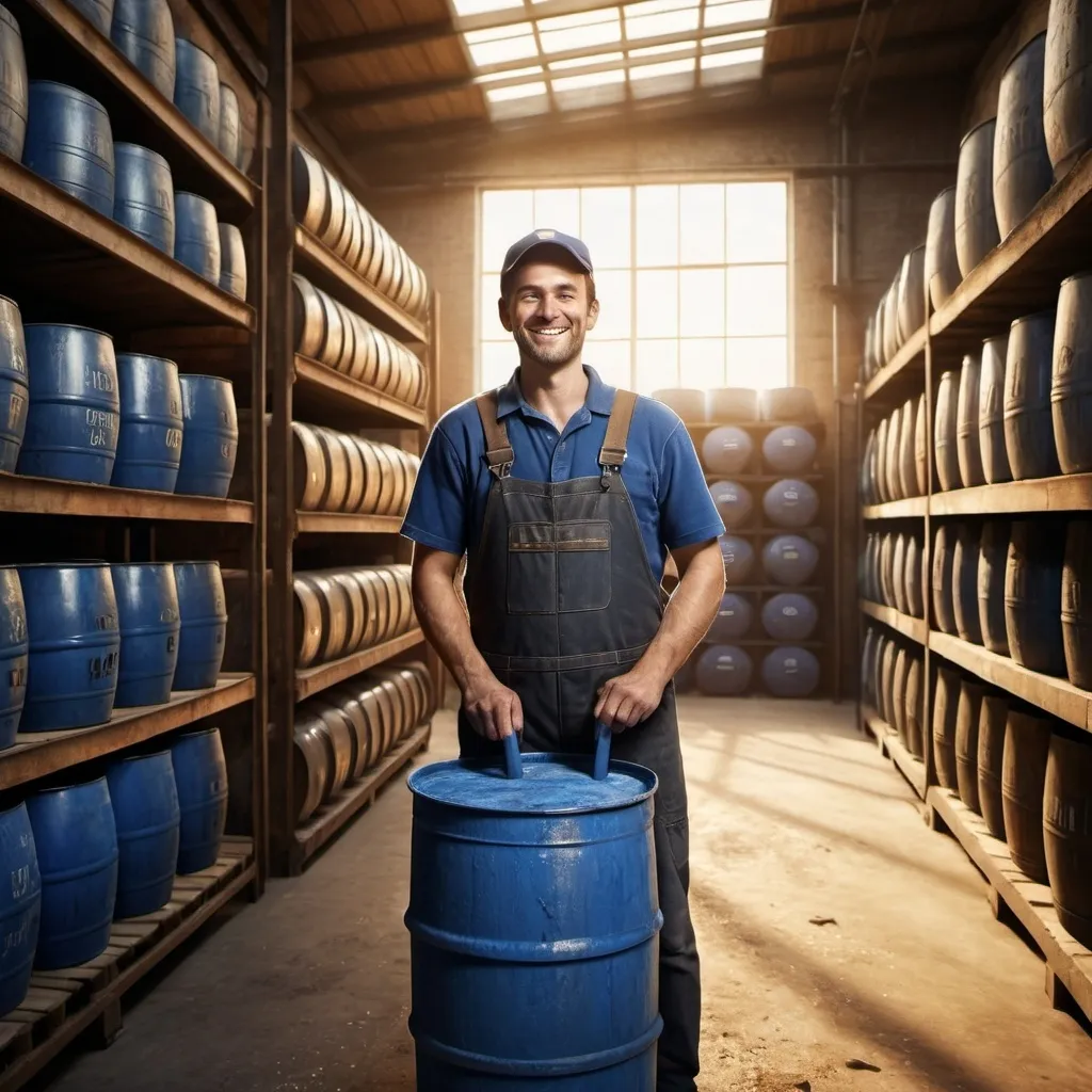 Prompt: A large raw materials store - there is a worker - many iron barrels in the back - sunlight enters from the skylight -A worker stands next to a blue plastic barrel, smiling and proud