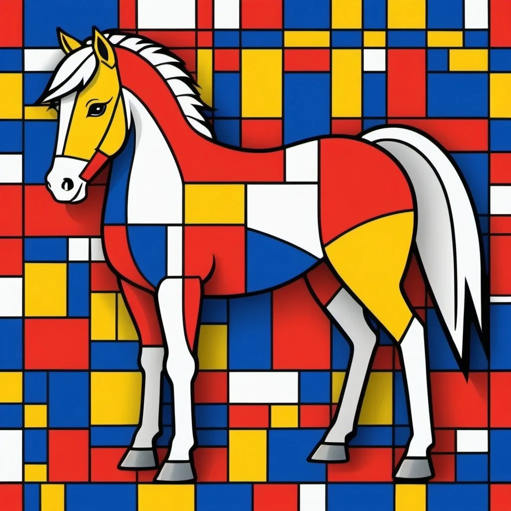 Prompt: Pony, Mondrian style, solid color background