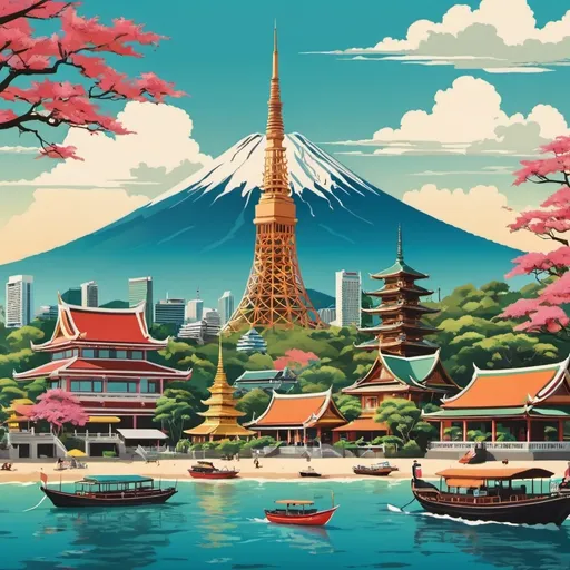 Prompt: (Midcentury travel poster featuring Tokyo, featuring mt fuji, tokyo tower Bangkok, Koh Samui, and Phuket), Big reclining buddha vibrant colors, retro style, warm tones, bold graphics, stylized illustrations of landmarks, cheerful atmosphere, vintage design elements, playful typography, detailed backgrounds showcasing each city's iconic sights, tropical beaches of Koh Samui, bustling streets of Tokyo, cultural temples in Bangkok, serene islands of Phuket, clear blue skies, perfect for wall decor, high-resolution, ultra-detailed, 4K quality. 