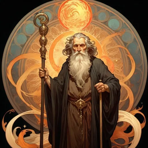 Prompt: An old man with a long beard and robe standing between light and dark. In one hand he carries a staff topped with balanced scales and in the other a ball of fire