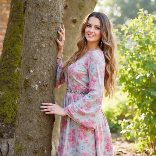 Prompt: Standing gracefully by a robust tree, a woman exudes a serene confidence with her long, wavy hair cascading over her shoulders. Dressed in a flowing, floral-patterned dress adorned with soft pinks and blues, she showcases a blend of elegance and comfort, complemented by a matching belt and accessories that add a touch of sparkle. The backdrop features a rustic brick wall, embraced by vibrant green moss, while lush plants thrive in the corner, enhancing the natural feel of the scene. Sunlight filters through the leaves, casting a warm glow that softens the overall ambiance, evoking a calm and inviting atmosphere. Her subtle smile and poised stance invite viewers into a moment of tranquility amid a lush, outdoor setting.