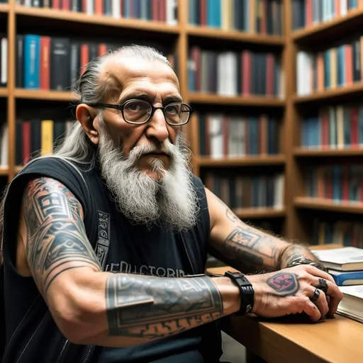 Prompt: Paulo Freire mostrando suas tatuagens em uma biblioteca cyberpunk 