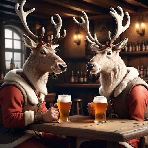 Prompt: two reindeer drinking beer in a tavern and looking secretive