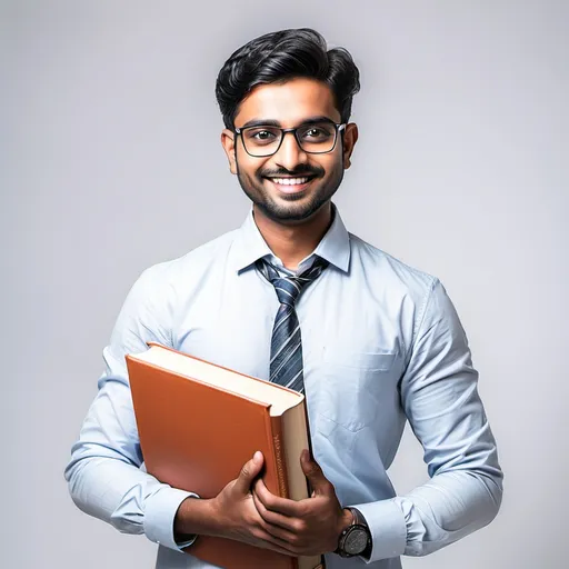 Prompt: create best professtional indian men image with white background happy and hold books 