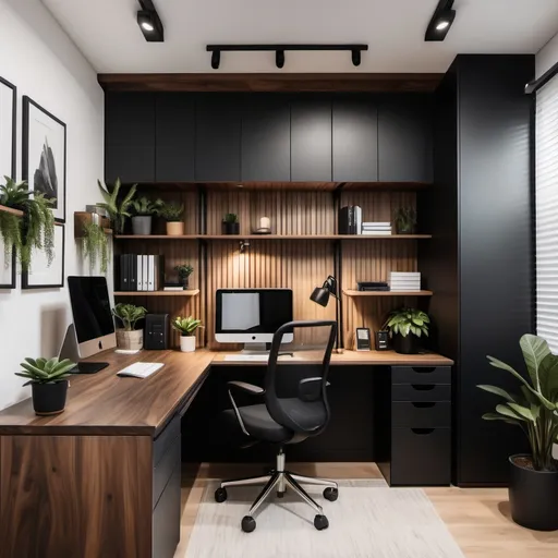 Prompt: small office interior with (u-shaped desk), black upper cupboards, vertical walnut wooden slats below cupboards, white walls, cozy and functional atmosphere, modern design elements, black accents,  natural wood textures, warm ambient lighting, well-organized workspace, plants, high-quality craftsmanship, inviting and productive vibe.