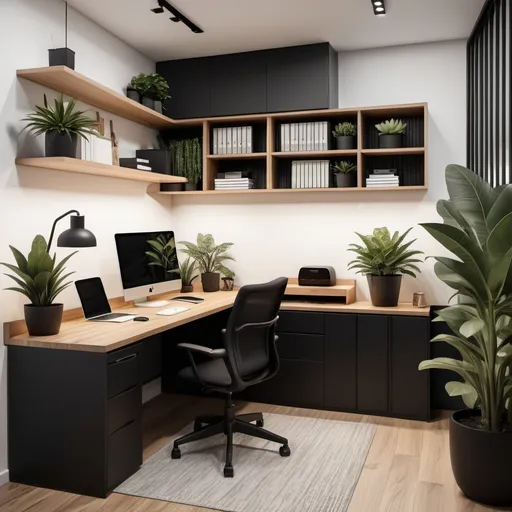 Prompt: small office interior with (u-shaped desk),  upper cupboards, wooden slat below cupboards, white walls, cozy and functional atmosphere, modern design elements, black accents,  natural wood textures, warm ambient lighting, well-organized workspace, plants, high-quality craftsmanship, inviting and productive vibe.