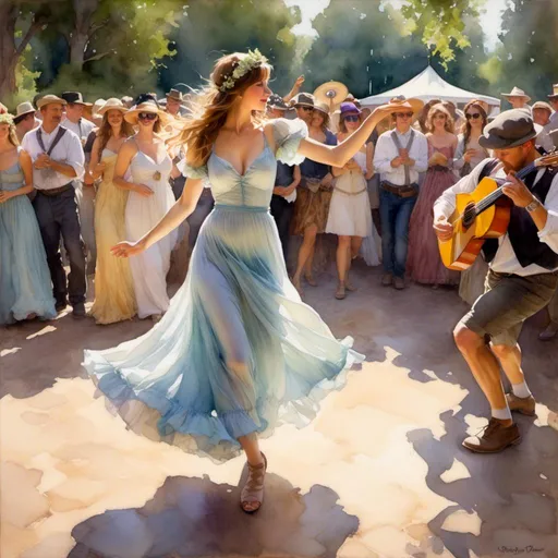 Prompt: <mymodel>renaissance fair, woman dancing and playing tambourine on stage in short dress, style of Steve hanks