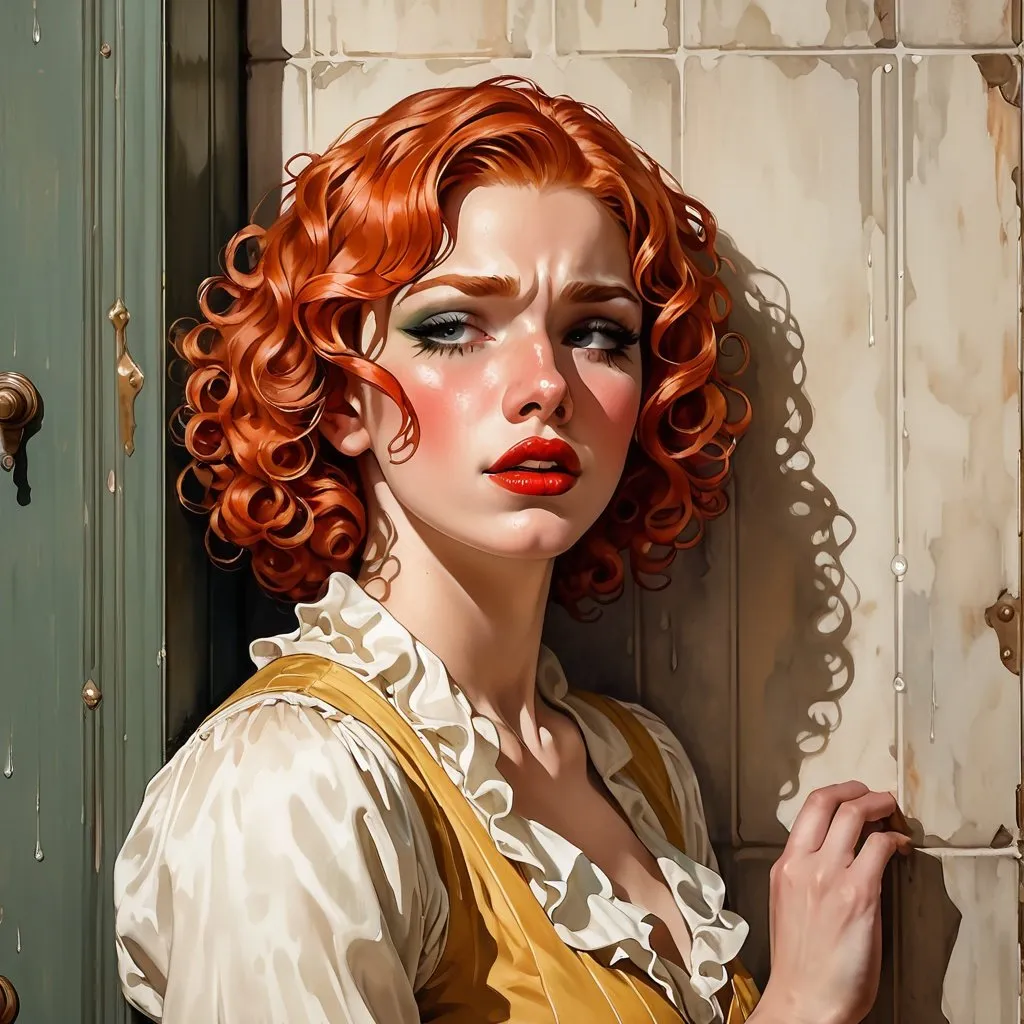 Prompt: Sad curly red haired taxi dancer weeping, tragic face, smeared makeup, tears, dime-a-dance ballroom, 1930s, line of men against the wall, Leyendecker illustration style, emotional lighting, vintage color palette, detailed facial expression, highres, emotional, vintage, Leyendecker style, 1930s, tear-streaked makeup, jazz ambiance, emotional lighting