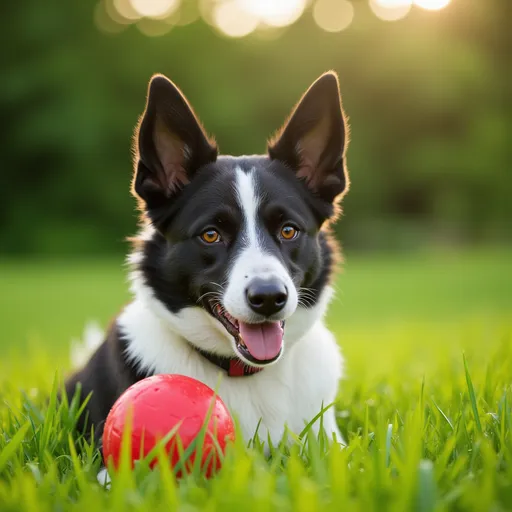 Prompt: A hyper-realistic close-up of a very skinny short hair (black and white Border Collie Dog With Pointy Ears) and Red lacrosse ball in a field of green '
 Grass radiating pure joy

