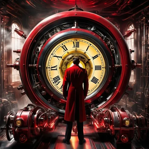 Prompt: Time traveler and his Victorian Time Machine, black and red, in the style of 1960 movie the Time Machine starring rod taylor, high contrast, digital art, detailed metallic machine, vintage futuristic, mysterious atmosphere, professional quality, sci-fi, steampunk, metal, yellow  tones, dynamic lighting