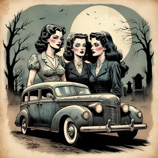 Prompt: Vintage comic-style illustration of two  alluring women and a graveyard hearse. faded colors, 1940s style, detailed linework, weathered textures, vintage comic, retro, aged paper, traditional inking, vintage colors, intricate linework, timeless, detailed facial features, grave expressions, vintage hearse, classic design, professional, atmospheric lighting