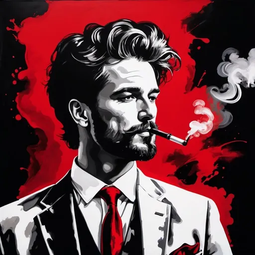 Prompt: Dynamic black and red ink close-up painting of a Caucasian man smoking a pipe in casual dress attire, standing against a wall at a club, UHD facial features, dramatic ink painting, 30s, dynamic action, dramatic ink style, high energy, fast-paced, energetic, high-contrast spot lighting