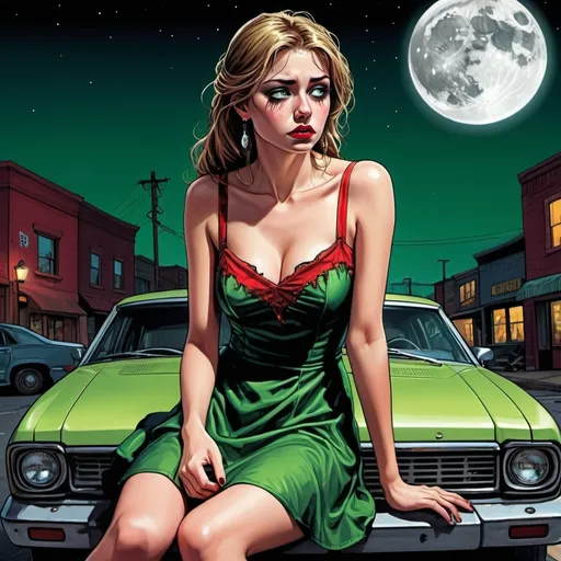 Prompt: (Sad weeping wistful green-eyed woman), (her makeup and mascara and eyeshadow messy) (sitting on a car), (very short tight black and red skater dress), nighttime street scene, full moon illuminating the scene, (western comic book art), (comic book panel), vibrant colors, dramatic shadows, urban setting, dynamic angles, high contrast, ultra-detailed, capturing a playful yet sad vibe.