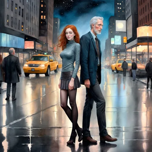 Prompt: Colored pencils, mixed media, gouache, watercolor, ink. Pastel tones. Night in New York City. raining. Stars.  A man and a woman. Full body shot. Man is tall, gray hair, big brown eyes, short beard, 55, Woman is  beautiful ginger haired with freckles. wavy hair, raw photo.  Slender small-waist long legs, mysterious woman, two bright blue eyes, three quarter profile, embracing man near people in movie line.  She wears very tight, very short, satin miniskirt with turtleneck, long heart shaped necklace , natural textured skin, high-quality, detailed, realistic, , atmospheric lighting, woman in miniskirt , tights, leggy