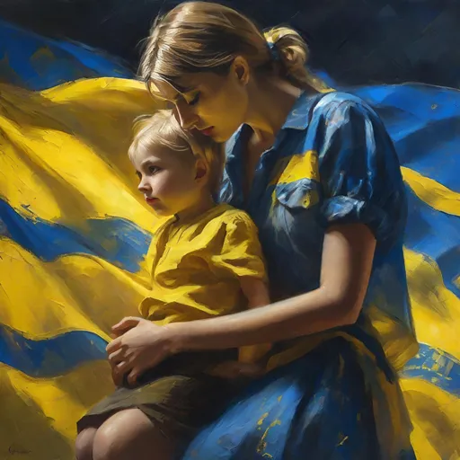 Prompt: Sad Woman in 20s wearing short distressed miniskirt, holding scared Ukraine child, Ukraine flag, expressionism, vibrant use of light and shadow, highres, detailed eyes, impressionistic, dark yellow, blue, vibrant lighting