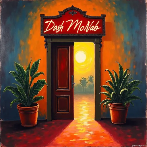 Prompt: A captivating 1940s style Fauve style impressionist painting inspired by the film Casablanca. A doorway has a sign above it dramatically titled ["Dash McNab"]