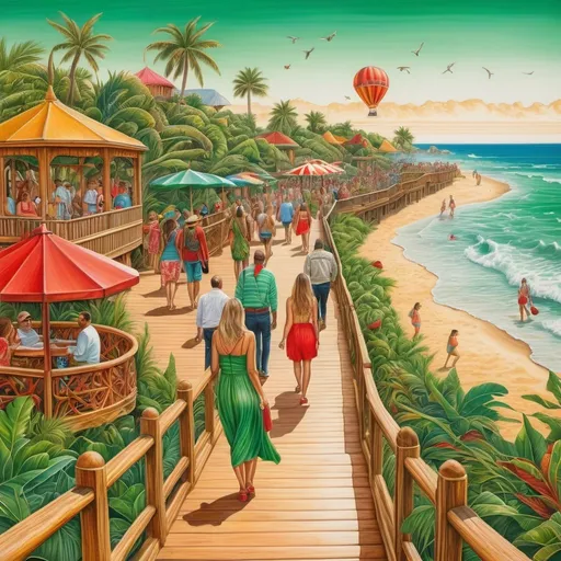 Prompt: Surreal beachside wooden promenade with people with highly detailed faces and clothing, drawn with colored pencils, vibrant colors, detailed pencil strokes, imaginative setting, high quality, colored pencil illustration, surreal, vibrant colors, detailed strokes, imaginative, zoo, animals, people, green tones, red accents, gold highlights, whimsical atmosphere, professional artistry