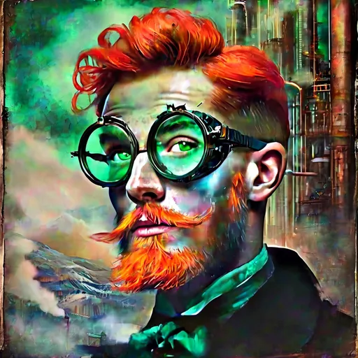 Prompt:  Luminous vintage colored ink , wide slightly elevated angle, green eyes, (confident, happy red hair man, red beard) double exposure.  , striking bright eyes , fantasy, fairytale, detailed ink, steampunk dynamic poster,   art on vintage paper , fantasy,  prismatic colors, alluring steampunk man in alluring futuristic garb, futuristic factory, smoke,  urban landscape,  steampunk city,  night.  , mountains, green sun, dynamic pose, light on face, patchwork, stained glass,  storybook illustration, highly detailed unusual details, intricate, intricate pose, tiny details masterpiece, high quality, intricate lighting, luminism, romantic, factory 
