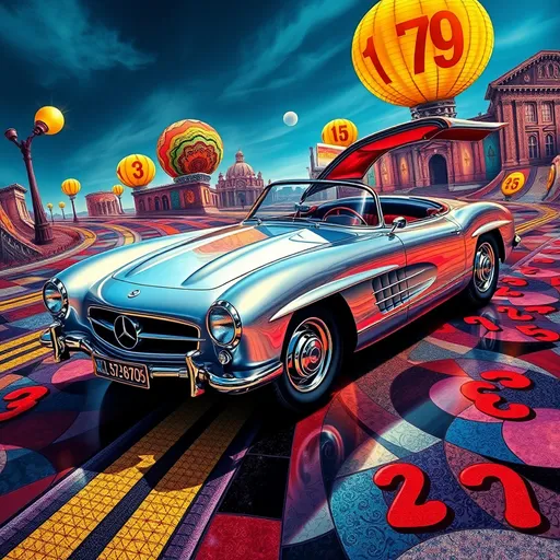 Prompt: (surrealism style), vibrant colors, (M.C. Escher-inspired)  1950s Mercedes silver gull wing car featuring intricate geometric patterns and mind-bending perspectives, dynamic shadows and highlights, creating an illusion of depth, captivating ambiance, (ultra-detailed), emphasizing the contrast of the corvette against the colorful and complex roadway design, whirling solver colors and gold  colors and red numbers, inviting viewers to explore.