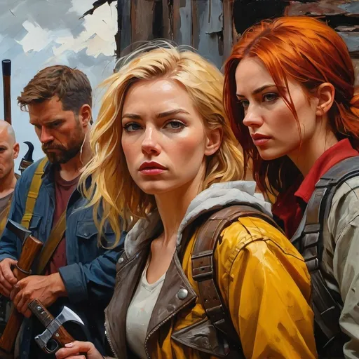 Prompt: Oil painting, thick impasto, bumpy paint strokes. Medium Close up of Apocalyptic scene of four survivors, blonde woman, brunette woman, bald man, redheaded tween girl, dog, distressed clothing, axe, knife gun, UHD facial features, torn and tattered clothing, exhausted, intense profile, post-apocalyptic setting, gritty artistic style, gold, red and yellow tones, dramatic lighting, detailed facial features, highres, detailed