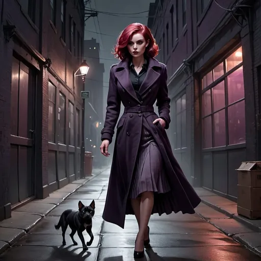 Prompt: An intriguing and mysterious illustration featuring a very feminine slender small breasted woman with medium length purple-red hair. She is walking along the warehouse district at night with her long coat, very short pleated skirt.  The color palette is a dark combination of film noir warehouse and lamplight, with a touch of confident attitude., illustration, fashion, 