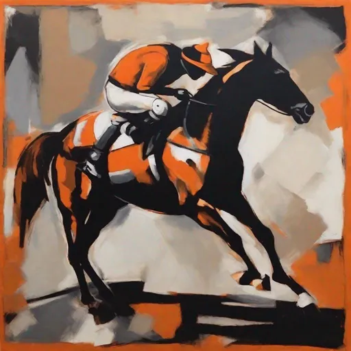 Prompt: Horse and jockey, expressionism, dark orange black, vibrant use light shadow