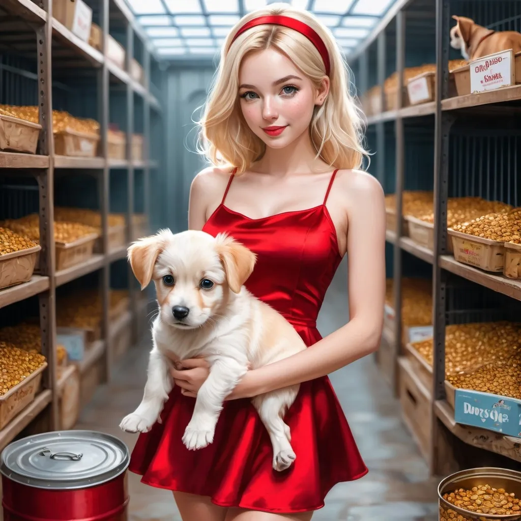 Prompt: Oil painting illustration of  a pale blonde hair,25, small breasted, heavily freckled woman standing wearing a very short thigh-high red satin skater minidress with a headband in a crowded pet shelter, holding a puppy, surrounded by dog food, dog crates, cozy beds, high-quality, RPG fantasy game style, detailed facial features, lively colors, warm lighting, crowded setting, expressive eyes, atmospheric