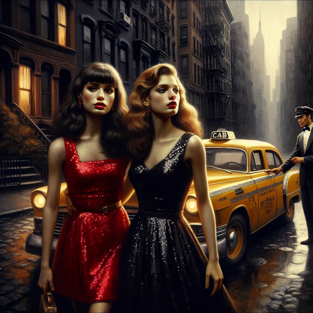 Prompt: Two Drunken slender female debutantes in bright sequined party dresses are getting onto a yellow cab driven by a cabbie from the 1950s. One female has brown bangs hair and wear a red minidress, the other female has blonde chin length hair and wears a full length black gown. New York City side street,  oil painting, desolate surroundings, HD detailed facial features, gritty realism, dark and somber tones, dramatic lighting, ultra-detailed, emotive, expressive faces, brownstone building in the background, reflective lighting, oil painting, desolate, gritty, dramatic lighting, somber tones, expressive faces