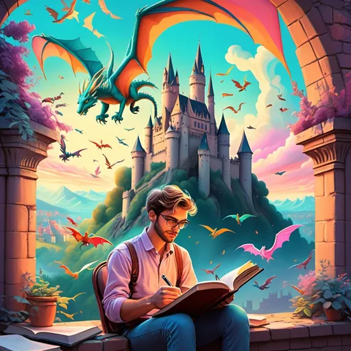 Prompt: (pop art style), (pastel color scheme), a man writing in a book, a dragon soaring overhead, a majestic castle in the background, countless birds flying around, (whimsical ambiance), enchanting and imaginative vibes, dreamy atmosphere, a vibrant fantasy world, (storybook illustration), ultra-detailed, dynamic composition, artistic masterpiece.