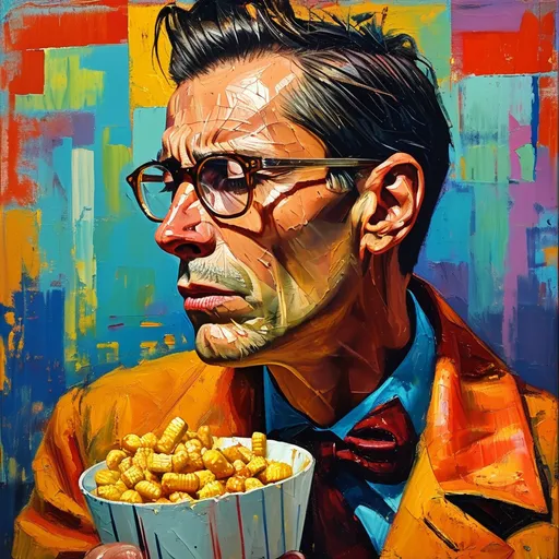 Prompt: <mymodel>abstract expressionism, attractive male psychologist with bow tie, profile angle, sad tearful man, psychologist eating popcorn, chair, couch, emotional atmosphere, intense brushstrokes, vibrant colors, distressed expressions, high energy, raw emotion, large canvas, powerful composition. Will Barney, surreal, Robert longo