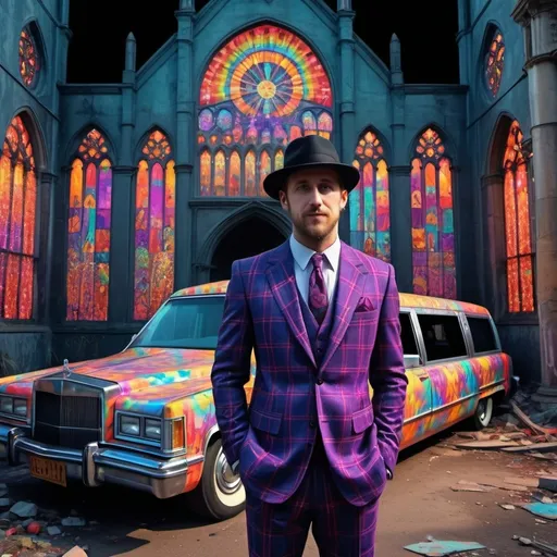 Prompt: Friendly smiling undertaker in bright plaid carnival suit looks like Ryan gosling with beard wearing fez hat leaning against the long ornate side panel of a psychedelic hearse parked outside bombed out church, original male protagonist character, in the style of Fred Tomaselli, **highly detailed**, vibrant colors, neon lights, surreal atmosphere, dramatic contrasts, intricate patterns, church ruins in background urban decay background, radiant hues, ethereal lighting effects, hauntingly beautiful, futuristic and retro elements, ultra-detailed, (4K resolution), cinematic quality, highly textured, immersive, visually stunning masterpiece, artistic brilliance.