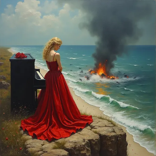 Prompt: (thick impasto oil painting), (dark color scheme), (surrealism style), a sad, devastated blonde pianist in a long red gown is in the foreground (aerial angle) as she plays on a bluff during the D-day Normandy invasion. Battle Chaos on the beach below.