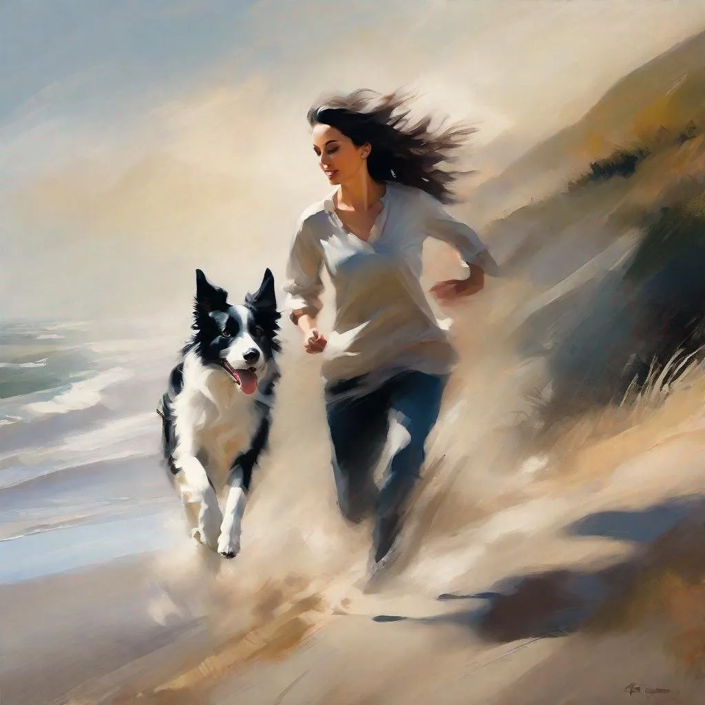 Prompt: oil paint, Visible strokes, rough edges, muted colors.Warm lighting neutral UHD facial features, extreme action pose, a woman with border collie, running up a steep beach path