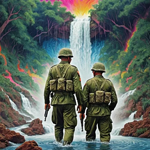 Prompt: Psychedelic art of two US soldiers crossing waterfall and stream, Vietnam war, surreal psychedelic haze, vibrant colors, distorted visions, war fatigue, surreal, trippy, vibrant art, psychedelic style, intense emotions, surreal waterfall, distorted reality, war-torn landscape, colorful haze, surreal visions, emotional journey, high quality, vibrant art, intense colors, dreamlike, psychedelic war scene, emotional turmoil, war veterans, surreal atmosphere