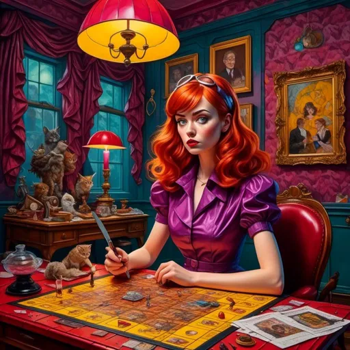 Prompt: <mymodel>(cartoony woman looks like Miss Scarlett with a knife in the drawing room, attacking Professor Plum (who holds a wrench and Colonel Mustard who holds a candlestick) surreal board game based on "Clue", vibrant color tones, dramatic lighting, intense and chaotic atmosphere, detailed character expressions,  intricate game board background, whimsical and trippy elements, high level of detail, 4K, ultra-detailed, 2D illustration, trending on artstation