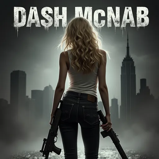 Prompt: A captivating noir style movie poster with dark dramatic lettering titled ["Dash McNab"] Looking at a blonde with a sword, wearing tight black jeans, with rifle and scope, with a sinister city skyscraper in background. Gray and black and blonde.