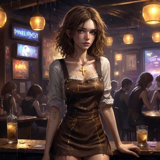 Prompt: A late night music venue. Slender early 20s brown hair, many freckles, bartender woman, disheveled hair, pinafore square neckline, gold cross, messy trashed late night nightclub, game-rpg fantasy style, detailed character design, atmospheric lighting, urban fantasy, late-night setting, highres, detailed, fantasy, RPG, messy background, disheveled appearance, intense and dramatic lighting