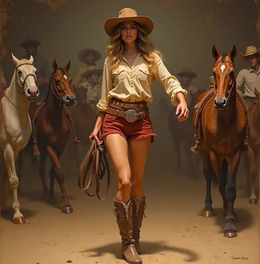 Prompt: "Full length full body art by James Avati, invent an original cowgirl protagonist character with barn dance background"