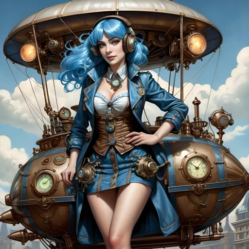 Prompt: A cheerful and optimistic 
Steampunk dirigible driver cover girl
Wearing headphones in a low tech steampunk dirigible 

Driver controls with lights, dials, buttons 
Gas lamps and blue metallic cables glowing in the shadow

, a blue haired hair woman in the style of Alphonse Mucha wearing a short blue buttons military miniskirt and matching coat. Perfect legs.



,detailed shadows and highlights,  3D volumetric drawing

, a  highres digital  painting in UHD