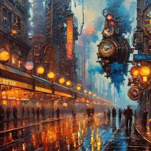 Prompt: Steam punk city, hyper-detailed acrylic art action painting, bursts of color, contrasting colors, vibrant atmosphere, high quality, ultra-detailed, acrylic painting, vibrant color palette, impressionist style, detailed brushstrokes, art studio lighting, energetic and lively